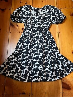 MACHKA 40 Black Floral Brocade Puff Sleeve Dress Square Neck Flared Skirt